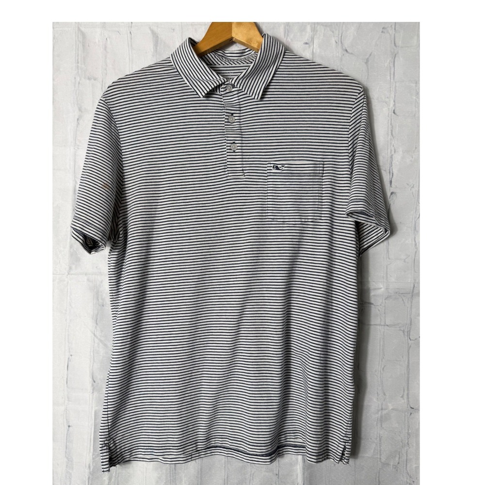 Vineyard Vines Edgartown Polo Sz M Navy White Striped Pima Cotton Shirt
